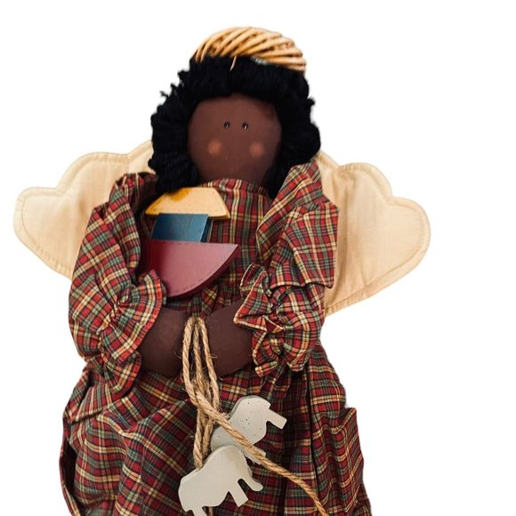 Vintage Hand Made African American Cloth Doll Angel Wood Animal Accents 22" Tall - Picture 2 of 9